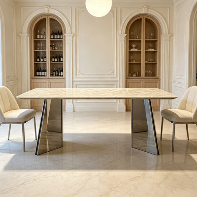 Silver Rectangular Marble+Manufactured Wood+Stainless Steel Dining Table