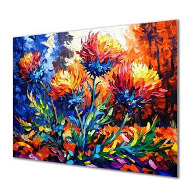Fleur de chardon orange et bleu I - décor floral en métal, impression de chardon