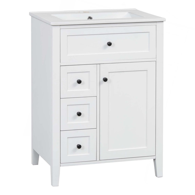 Meuble-lavabo de 24 po avec lavabo, panneau de fibres à densité moyenne et bois d'hévéa, 3 tiroirs et armoire avec tablettes réglables, conception moderne pour les petites et moyennes salles de bain