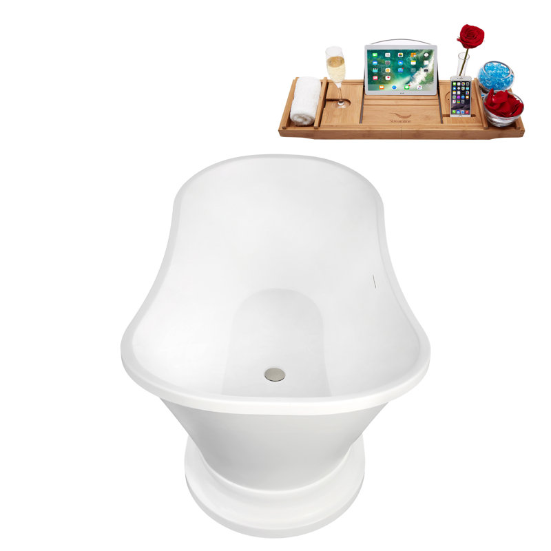 60" Streamline Soaking Acrylic Freestanding Bathtub, Bamboo Tray, Drain, Brushed Nickel