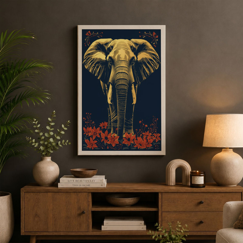 Golden Elephant Art Deco - Wrapped Canvas, 18x12 - 45.7 x 30.5 cm, Black Border