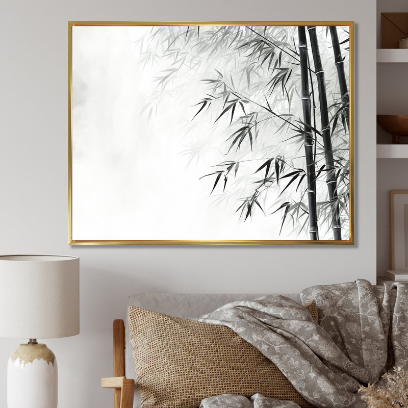 Bambou sauvage noir et blanc sur toile, H 12 po x l 20 po x P 1 po, Cadre flottant doré