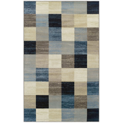 Tapis géométrique tissé à la machine bleu et bleu sarcelle 5 pi x 8 pi