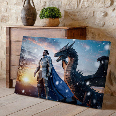 Canvas A Majestic Knight Clad In Intricately Detailed Silver Armor Stands Wall Art Confidently Beside A Formidable Dragon Both Exuding Canvas Wall Art