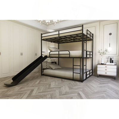 Lit mezzanine double en métal avec glissoire et échelle, noir