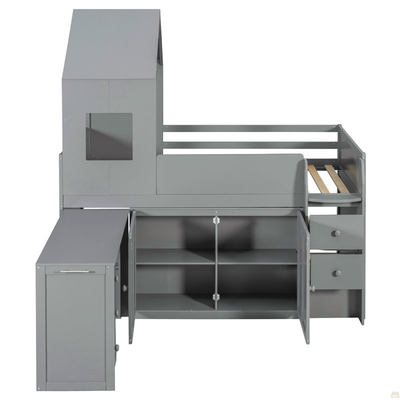 Lit mezzanine simple en bois avec bureau, tiroirs, armoires, gris, Gris