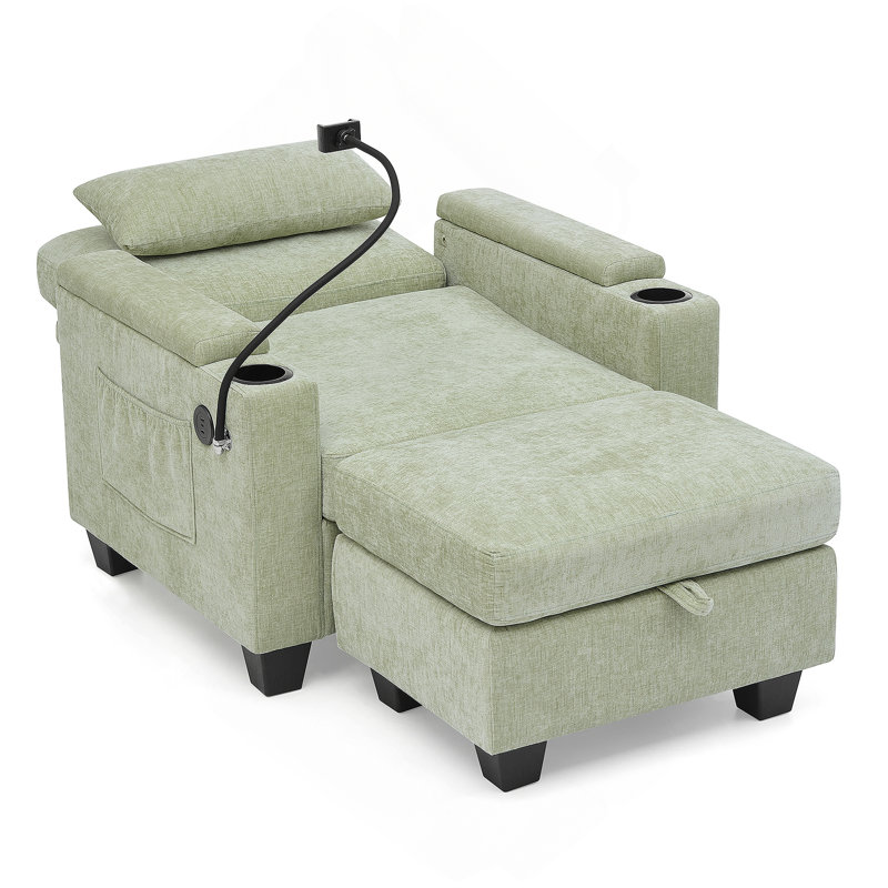 Single Sofa Recliner With Manually Adjustable Backrest, USB Charging Port On The Armrest Side, Phone Stand Included, Hidden Armrest Storage, And A Matching Storage Ottoman-Cyan