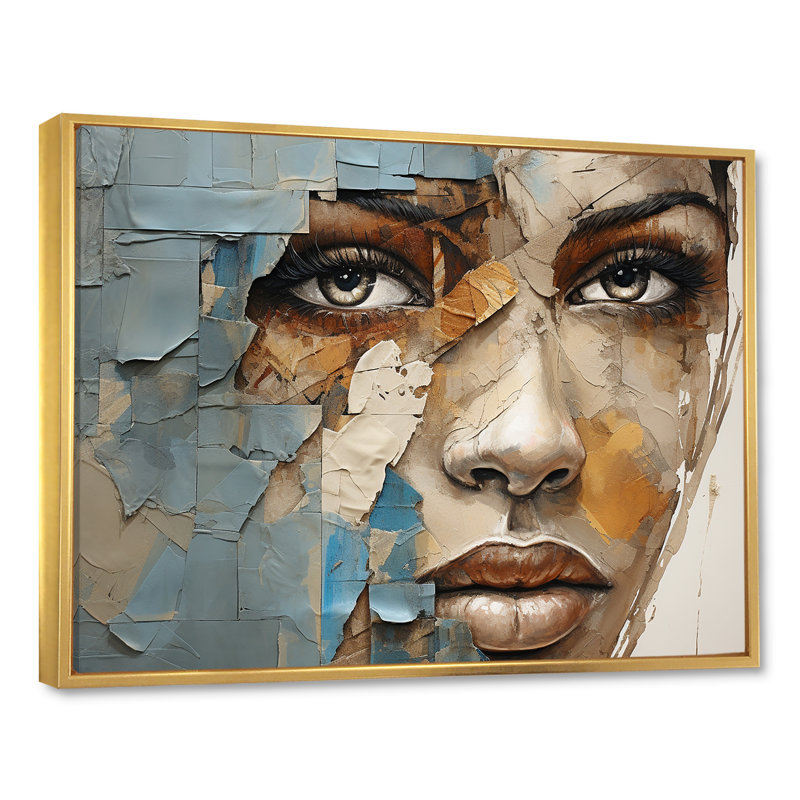 «Paint Collage African Woman I», reproduction d'art sur toile, Cadre flottant doré, H 34 po x l 44 po x P 1,5 po