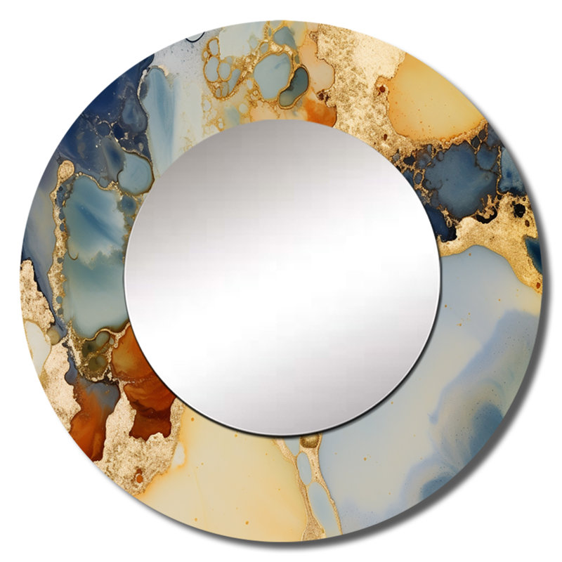 Art abstrait fluide de luxe brun - miroir unique à encre liquide, grand miroir mural rond doré, impression d'art en métal
