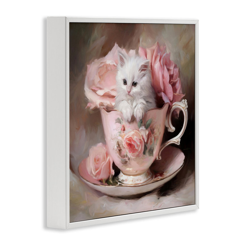 Petite chaton de thé, giclée encadrée, design par Tina LeCour, Giclée encadrée blanc bord de mer, H 12 po x l 12 po