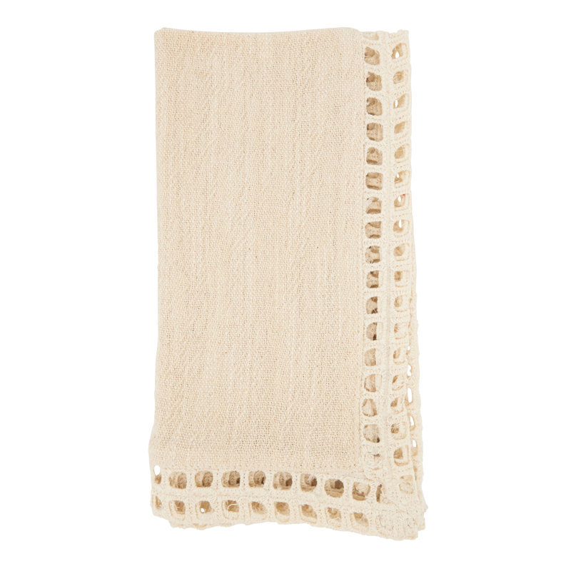 Off-White Cotton Table Napkins with Netted Trim, Set of 4