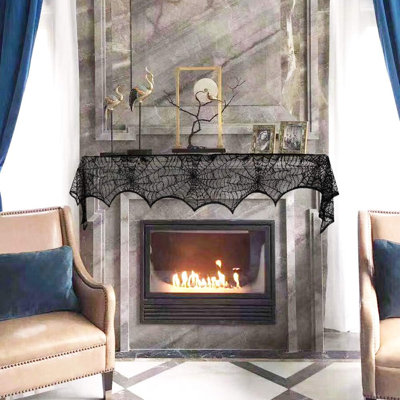 Halloween Cobweb Fireplace Scarf, Black Lace Spiderweb Mantle Scarf For Halloween Home Party Supplies, 18 X 96 Inch