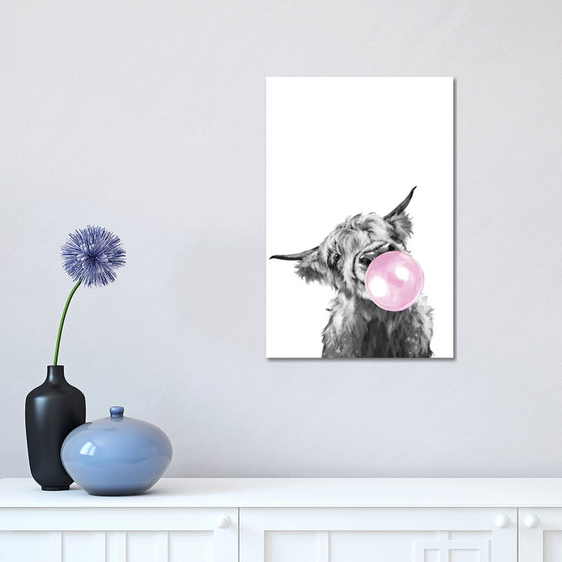 Highland Cow Blowing Bubble Gum In Black And White by Big Nose Work - Wrapped Canvas Print, 30.48 cm H x 45.72 cm W