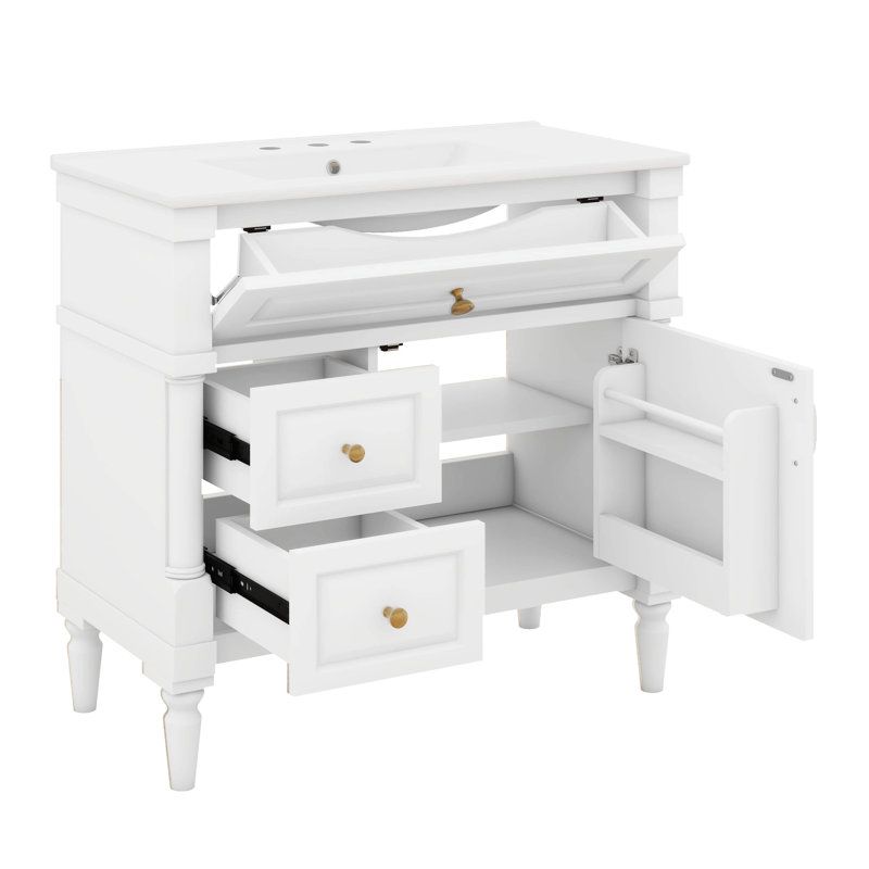 Meuble-lavabo 36 po avec lavabo, tiroir coulissant, porte à fermeture en douceur, bois massif et panneau de fibres à densité moyenne, tiroirs basculants et tablette réglable