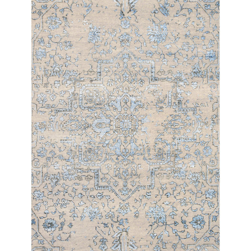 Tapis rectangulaire bleu transitionnel en laine / soie / rayonne de bambou noué à la main, Rectangle 5 pi 9 po x 9 pi