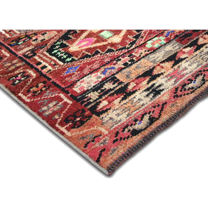 Tapis de couloir unique en laine noué à la main de style années 1960 de 2 pi 7 po x 9 pi 3 po en rouge / noir / bleu / gris