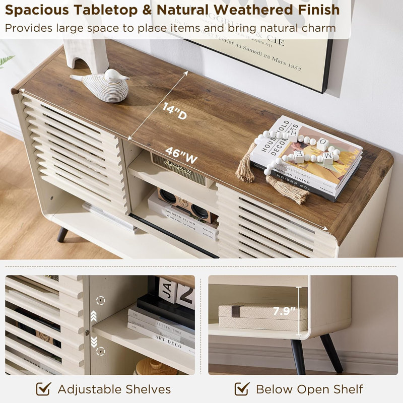 46" Breathable Storage Sideboard with adjustable shelves & Slatted Sliding Door, Brown/White