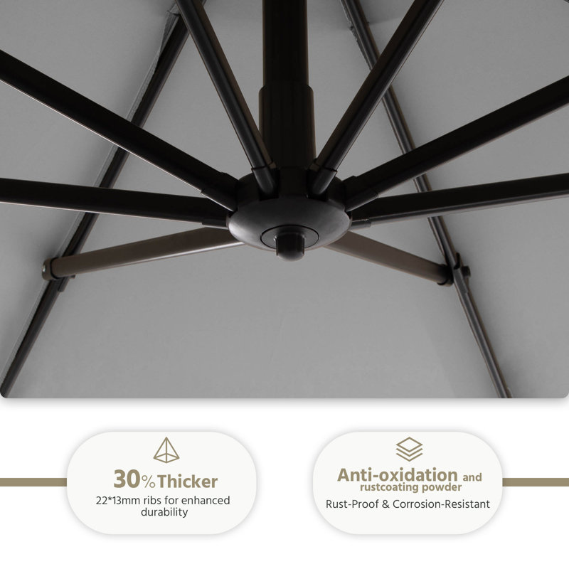 Parasol en porte-à-faux décalé en aluminium avec pivotement et inclinaison à 360 °, parasol de patio extérieur 10 pi avec manivelle et auvent ventilé, base vendue séparément