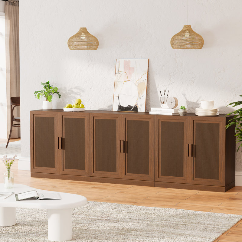 Rattan Door Sideboard Buffet Storage Cabinets with Adjustable Shelves, Walnut, 31" H x 31" W x 16" D