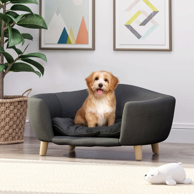 Cadre de lit pour chien surélevé pour petit chien, lit en velours côtelé avec pieds en bois d'hévéa et mousse de soutien