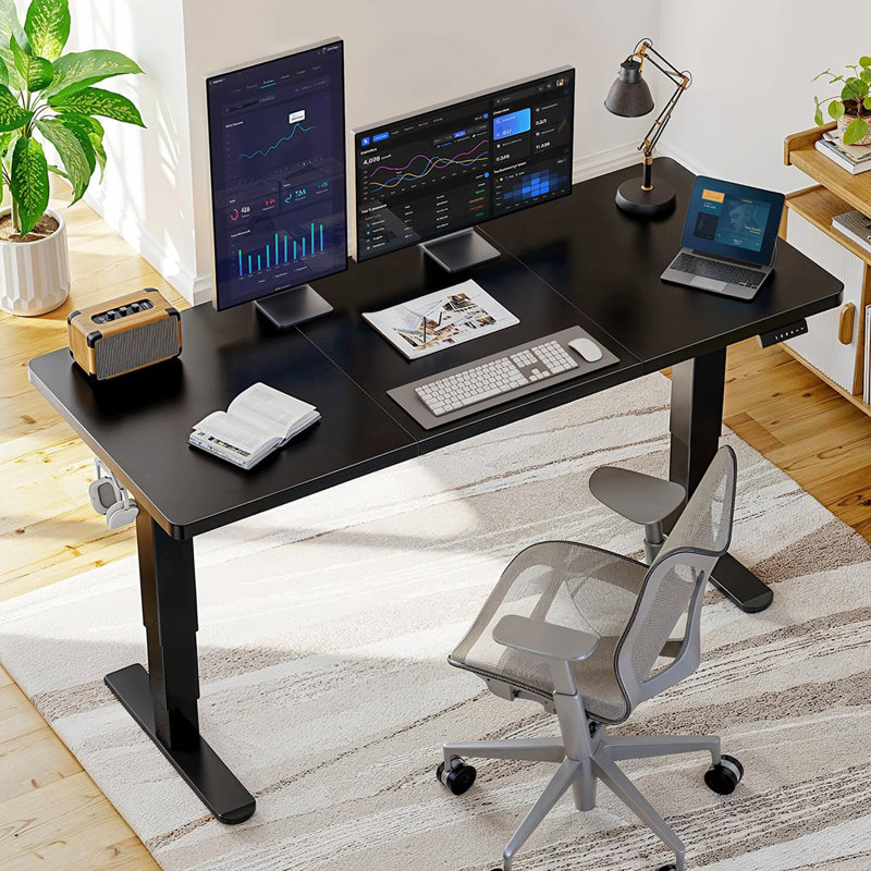 Bureau debout électrique à 3 niveaux avec moteur sans balai, bureau d'ordinateur à hauteur réglable pour le bureau personnel, 4 préréglages de mémoire, 2 crochets, noir