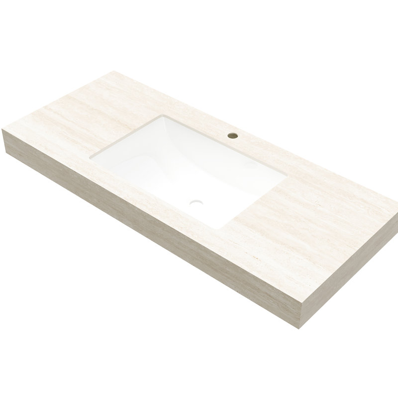 - Comptoir en pierre frittée à motif et lavabo rectangulaire encastré en céramique blanche, trou de robinetterie pré-percé, résistant aux rayures haute température, largeur 49,2 cm (19,34 po), un trop-plein standard de 22 cm (8,69 po).