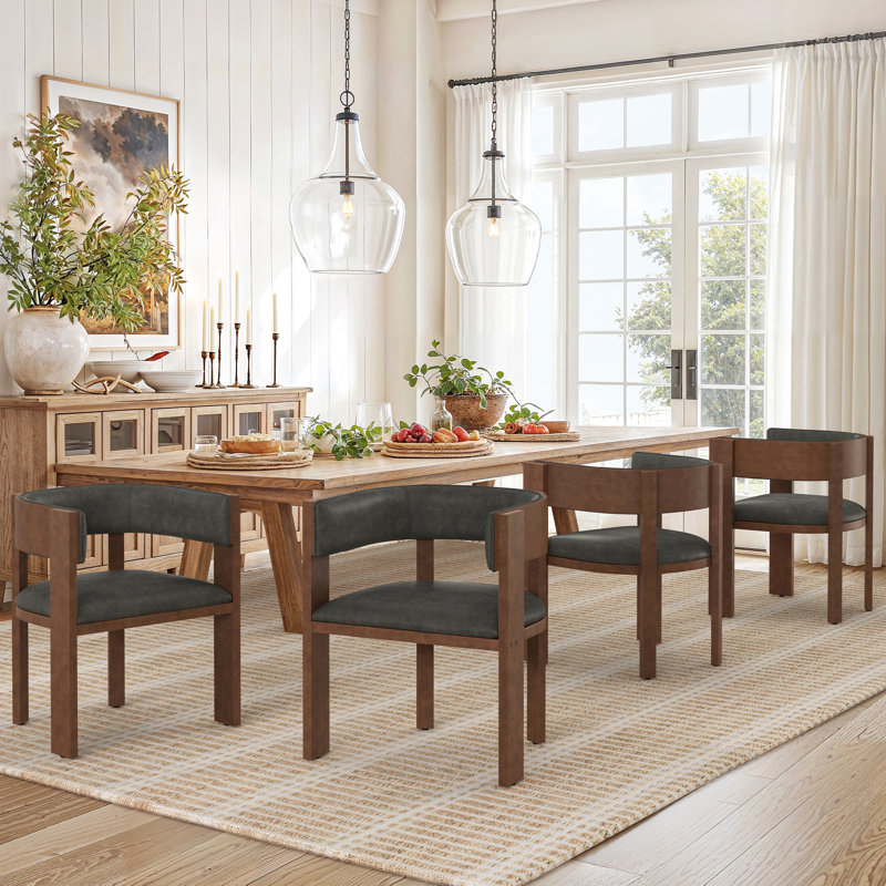 Pliner Albert Upholstered Solid Wood Dining Chairs (Set of 6), Black/Espresso Wood