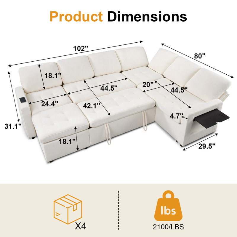  Canapé-lit modulaire en L de 102 po à 7 places avec lit escamotable, dossier inclinable, ports USB, éclairage DEL et table d'appoint, canapé convertible pour salon et appartement