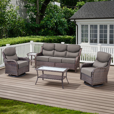 5-Piece Outdoor Wicker Patio Thick Cushion Sofa And Swivel Chairs Set With Coffee Table