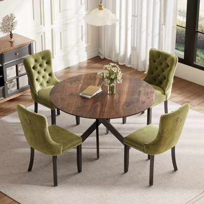 Round Wood Dining Set with Tufted Dining Chair