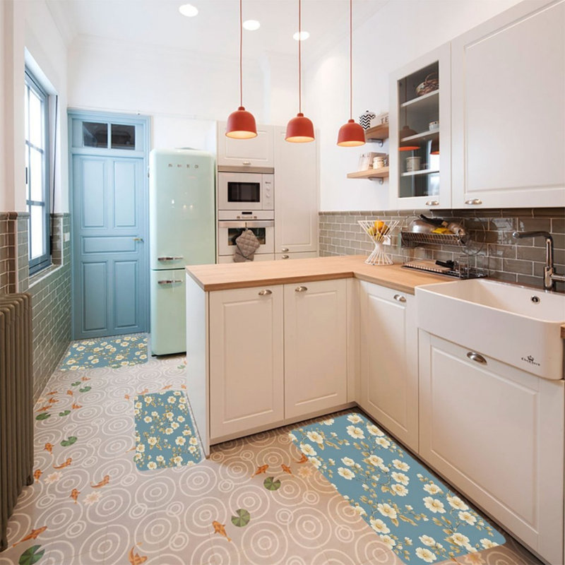 Ensemble de 3 tapis de cuisine à motif floral bleu pour cuisine et salon