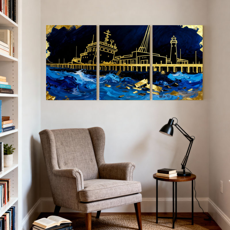 Ensemble de 3 impressions sur toile Night Harbor, H 24 po x l 48 po