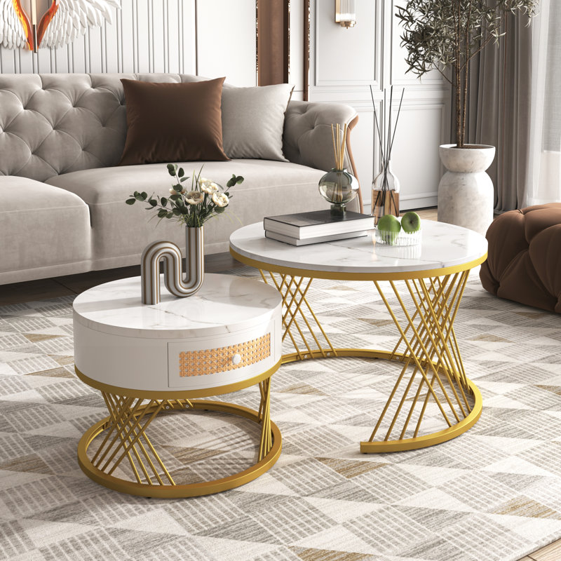 Round Nesting Coffee Table Set Marble Effect Rattan Drawer Gold Metal Legs Side End Units Living Room Lounge Base, White & Gold
