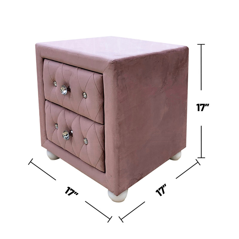Table de chevet de la chambre 2 en tissu d'ameublement rose - poignées, pieds blancs, côté coulissant en métal, tissu d'ameublement en bois franc d'ingénierie, pieds