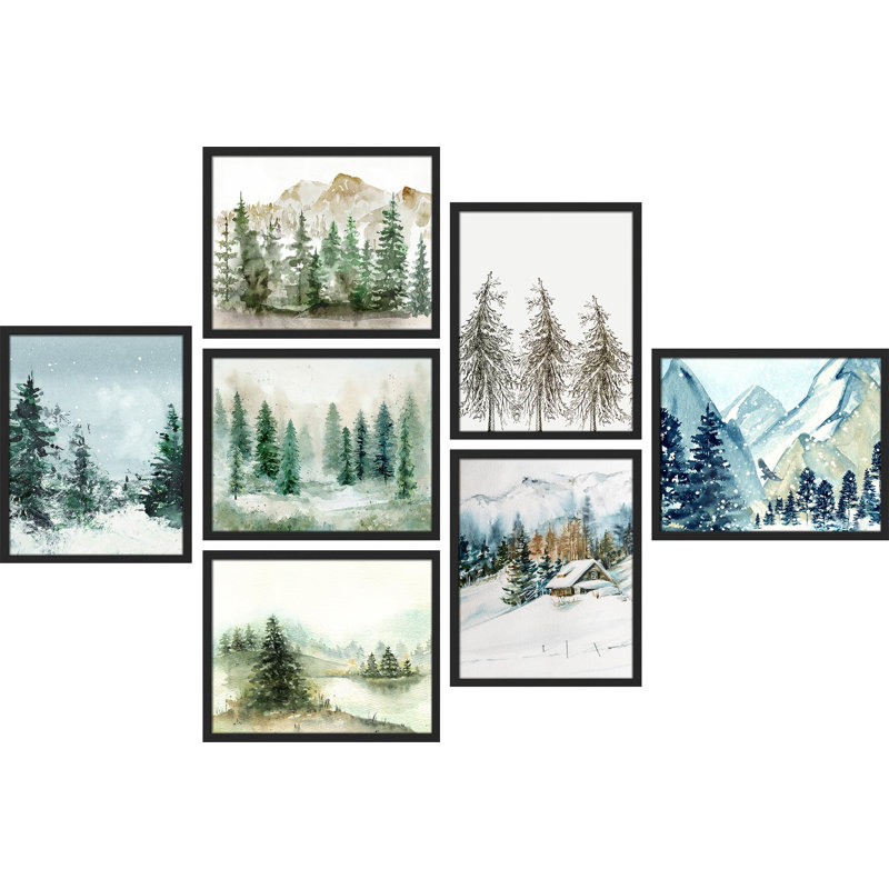 Sarcelle, aquarelle, pin, forêt, paysages, nature, désert, illustration, décor, rustique, Noir, H 16 po x l 12 po