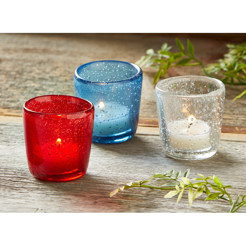 Porte-bougie en verre soufflé Ebern Designs, Bleu