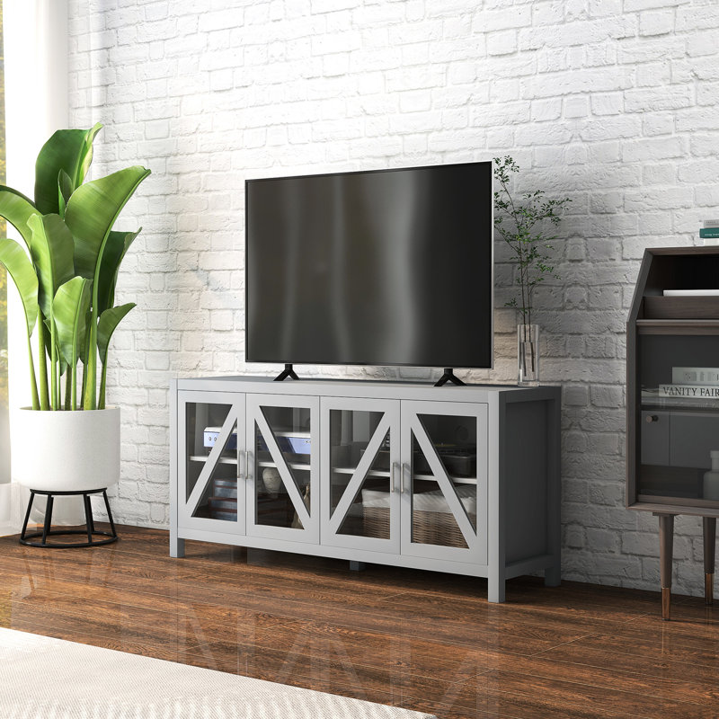 Meuble télé pour le salon, gris avec 4 trous de câble, tablettes réglables et portes en verre de style esthétique moderne