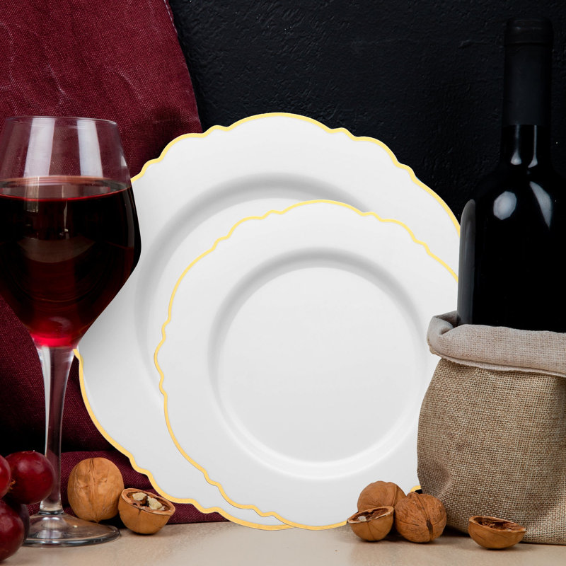 White with Gold Rim Round Blossom Disposable Plastic Dinnerware Value Set - 120 Sets