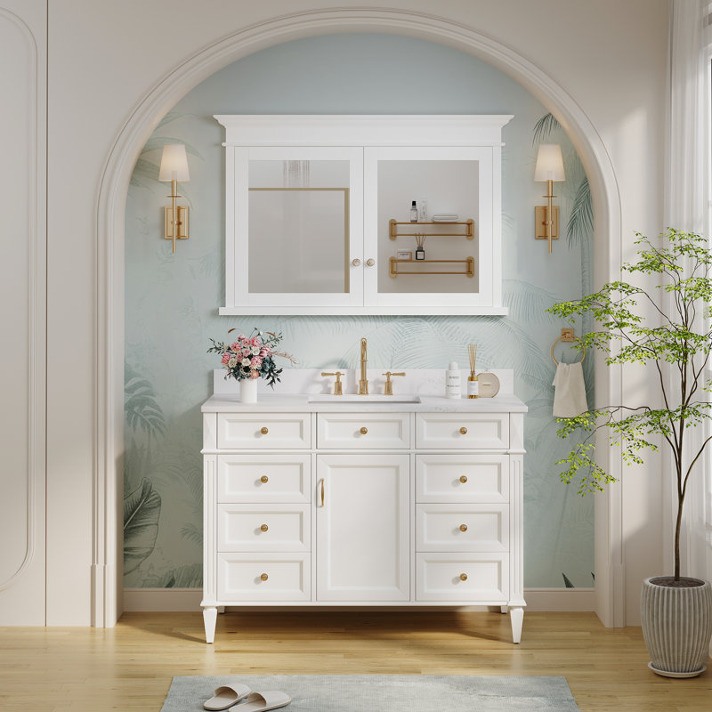 Armoire à pharmacie encastrée en bois massif avec miroir et tablettes 32 po H, H 32 po x l 48 po x P 6,6 po