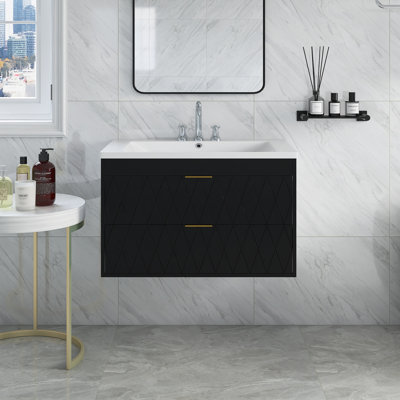 Meuble-lavabo mural avec lavabo en résine et 2 tiroirs
