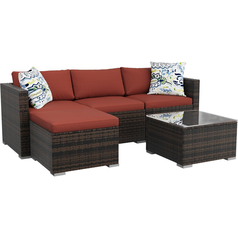 5-Piece PE Rattan Outdoor Sectional with Ottoman & Glass Table, Brown/Wine Red, Red, Brown