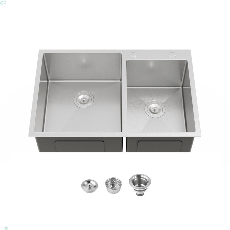 33"X19" Embedded Double Bowl Kitchen Sink, Overmount Handmade Sink In Brushed (Sink Only)