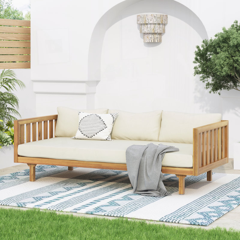 Outdoor Patio Daybed with Cushions, Teak, Beige