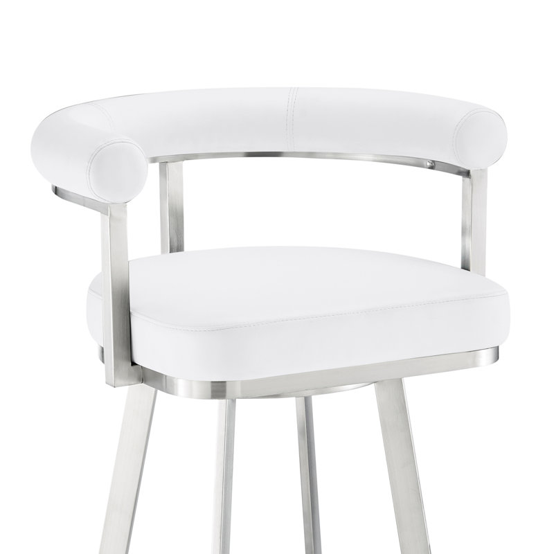 Tabouret de bar Hollie-May Mid-Century, Tabouret de comptoir (siège d'une hauteur de 26 p, Blanc, Acier inoxydable brossé