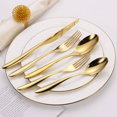 20 Pc Flatware Set Gold with Wavy Handle