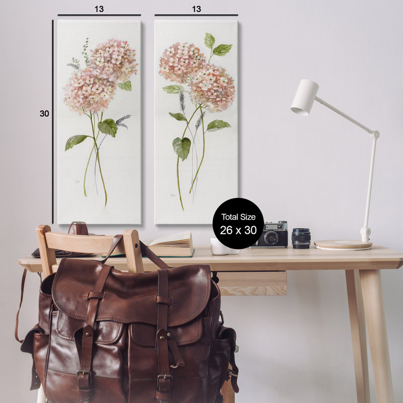 Ensemble de 2 toiles d'hortensias roses, par Nan, H 30 po x l 13 po