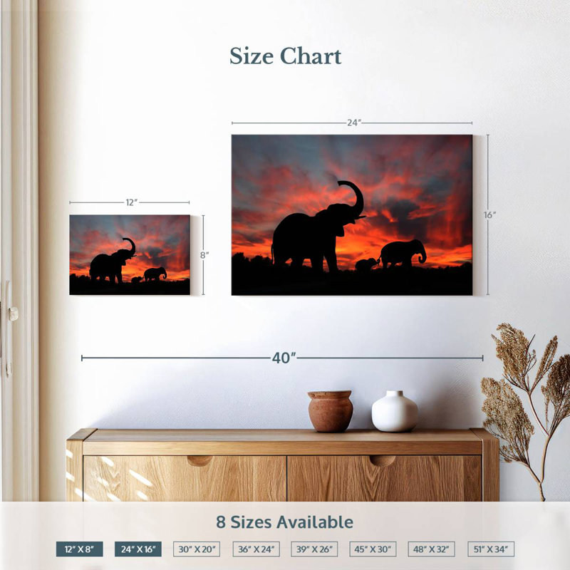 Silhouette d'éléphant au coucher du soleil, H 16 po x l 24 po