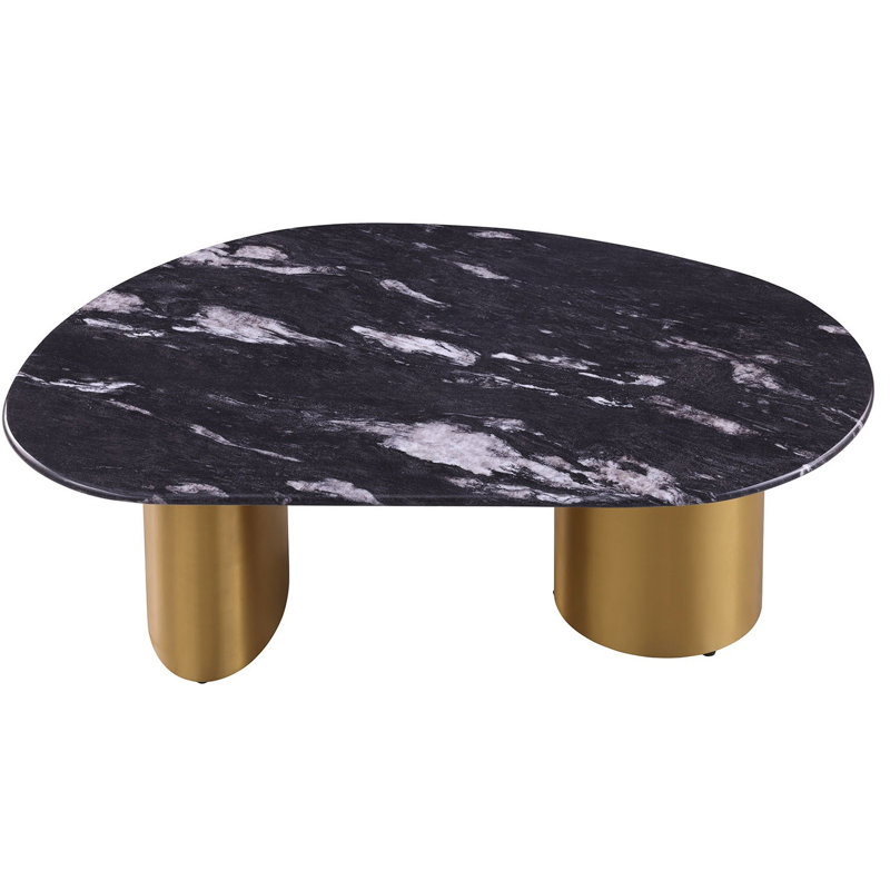 Table basse ovale 1pc avec pieds en pierre frittée, pieds dorés, coins doux, salon noir, gris et or mat