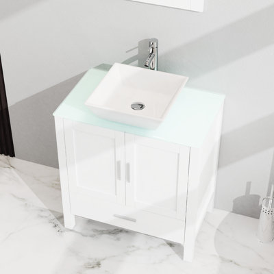 30" Bathroom Vanity With Sink And Glass Top. White Cabinet. 2 Doors, 1 Drawer. Generous Storage. Smooth Surface. Hinges. Adjustable Feet For Leveling. Glorious Mirror In White. Top 18.5*30*31.5 Inch.