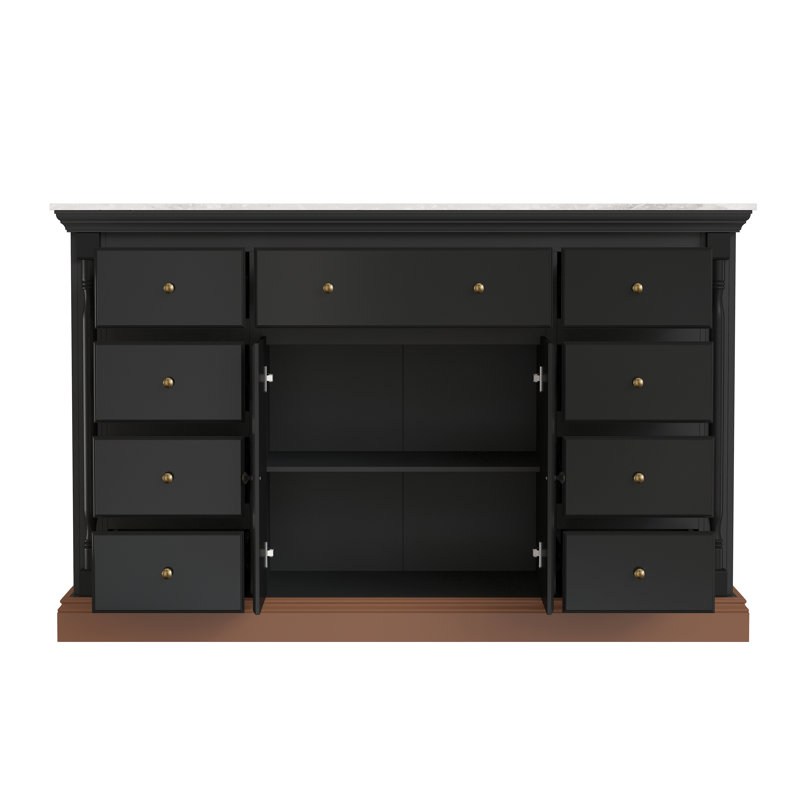 Buffet H 39,4 po x l 63 po x P 19,7 po avec 9 tiroirs et plateau d'aspect marbre